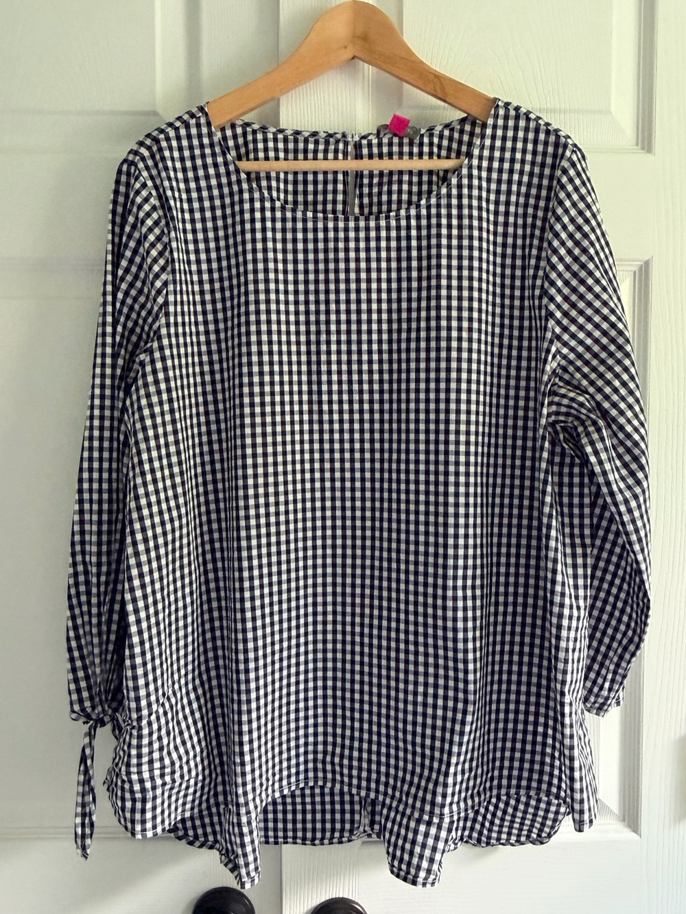 Vince Camuto Gingham Blouse Women’s XL Navy White Tie Sleeve 3/4 high/low hem